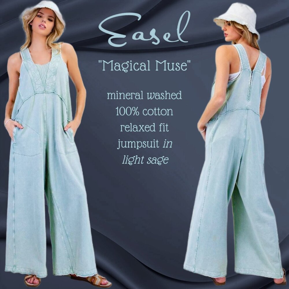 EASEL "Magical Muse" Mineral Washed Soft Terry Knit Wide Leg Loose Fit Jumpsuit